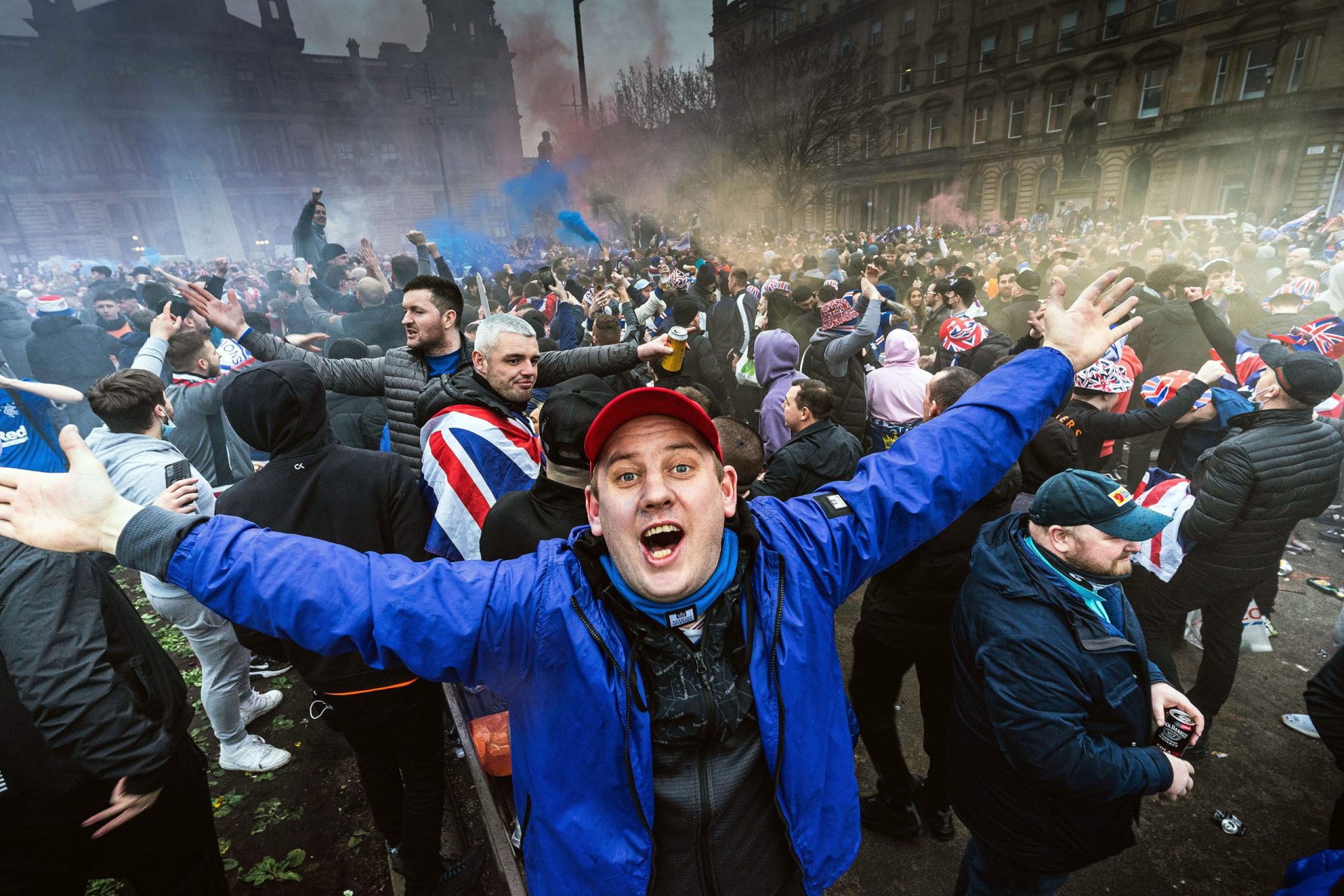 Glasgow Rangers fan celebrating 55th league title