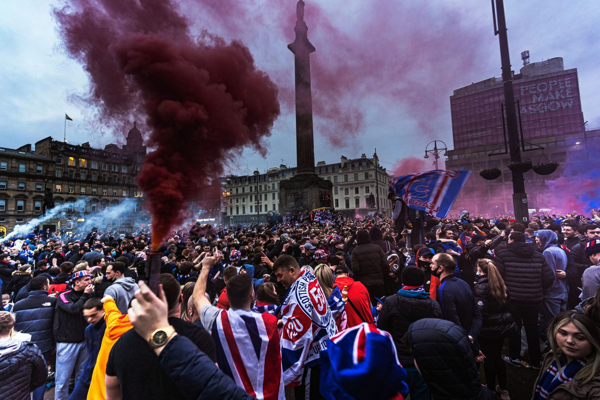 Glasgow Rangers fan celebrating 55th league title