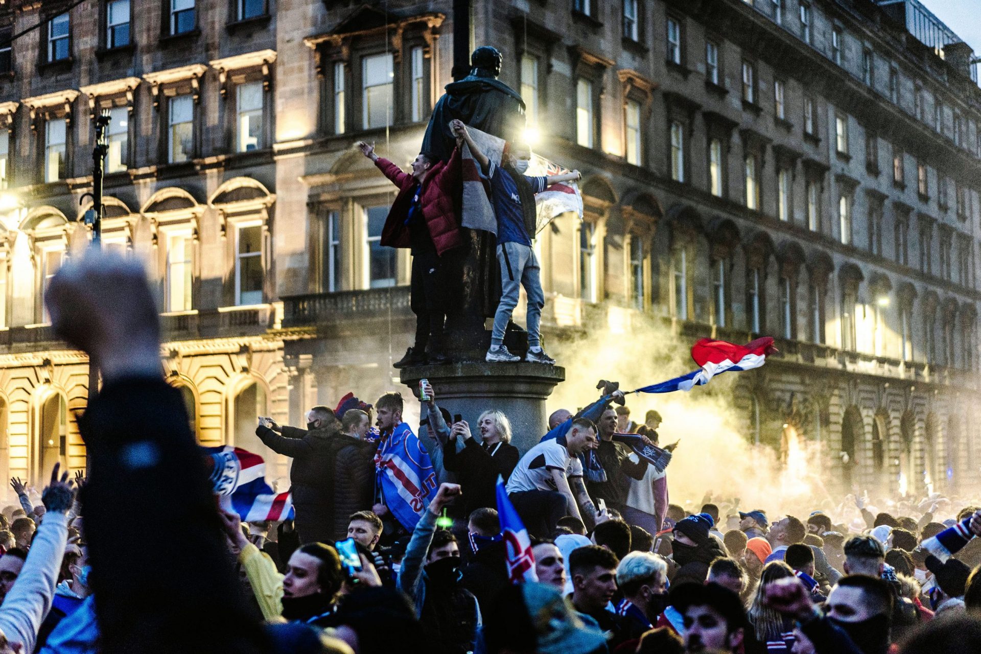 Glasgow Rangers fans celebrating 55th league title