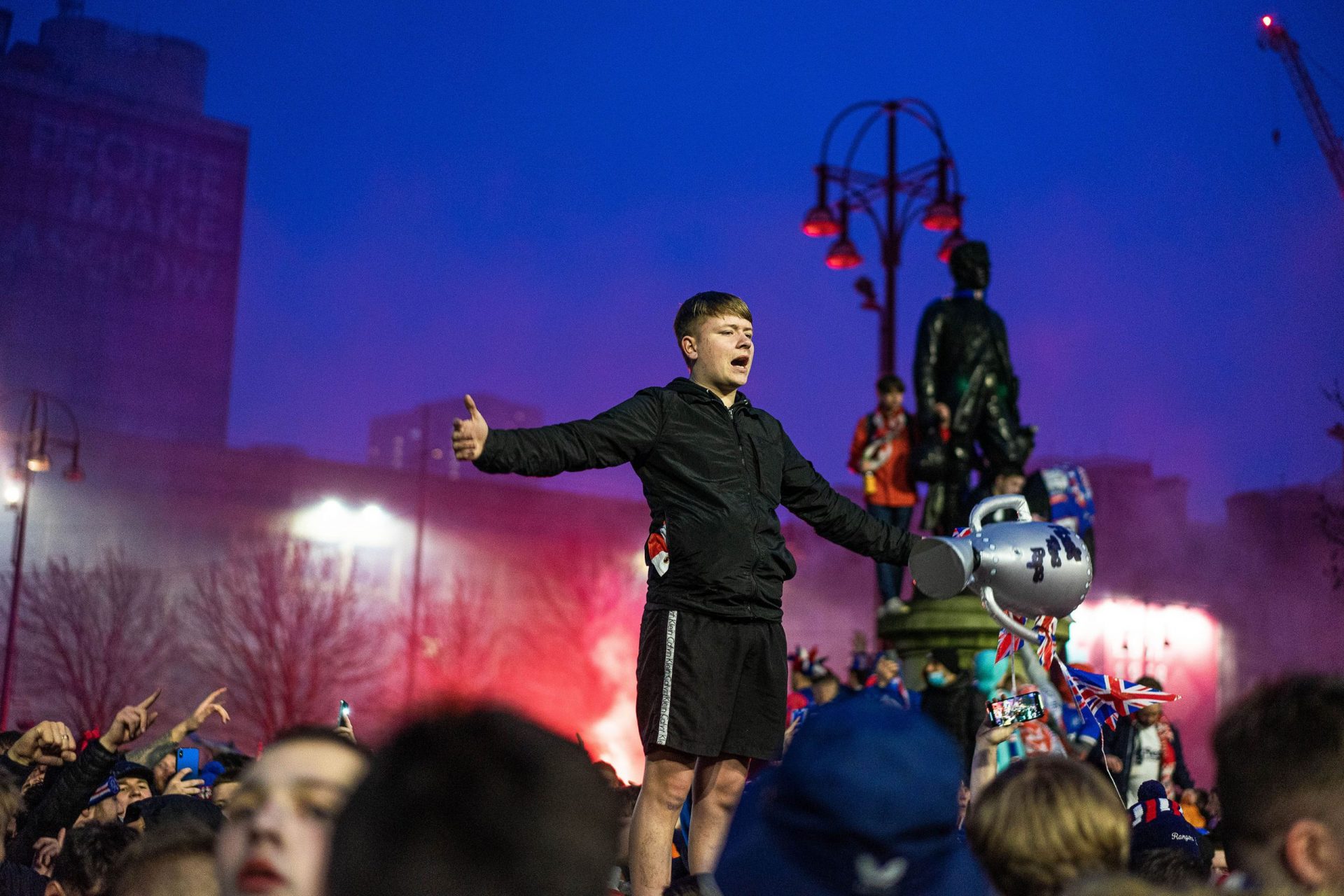 Glasgow Rangers fan celebrating 55th league title